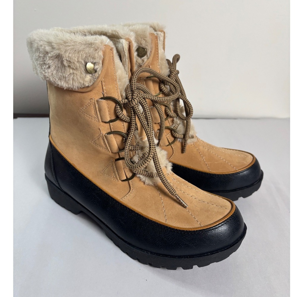 JBU‎ Womens Southgate Winter Duck Boots 7M Tan Black Faux Fur Lined Lace Up